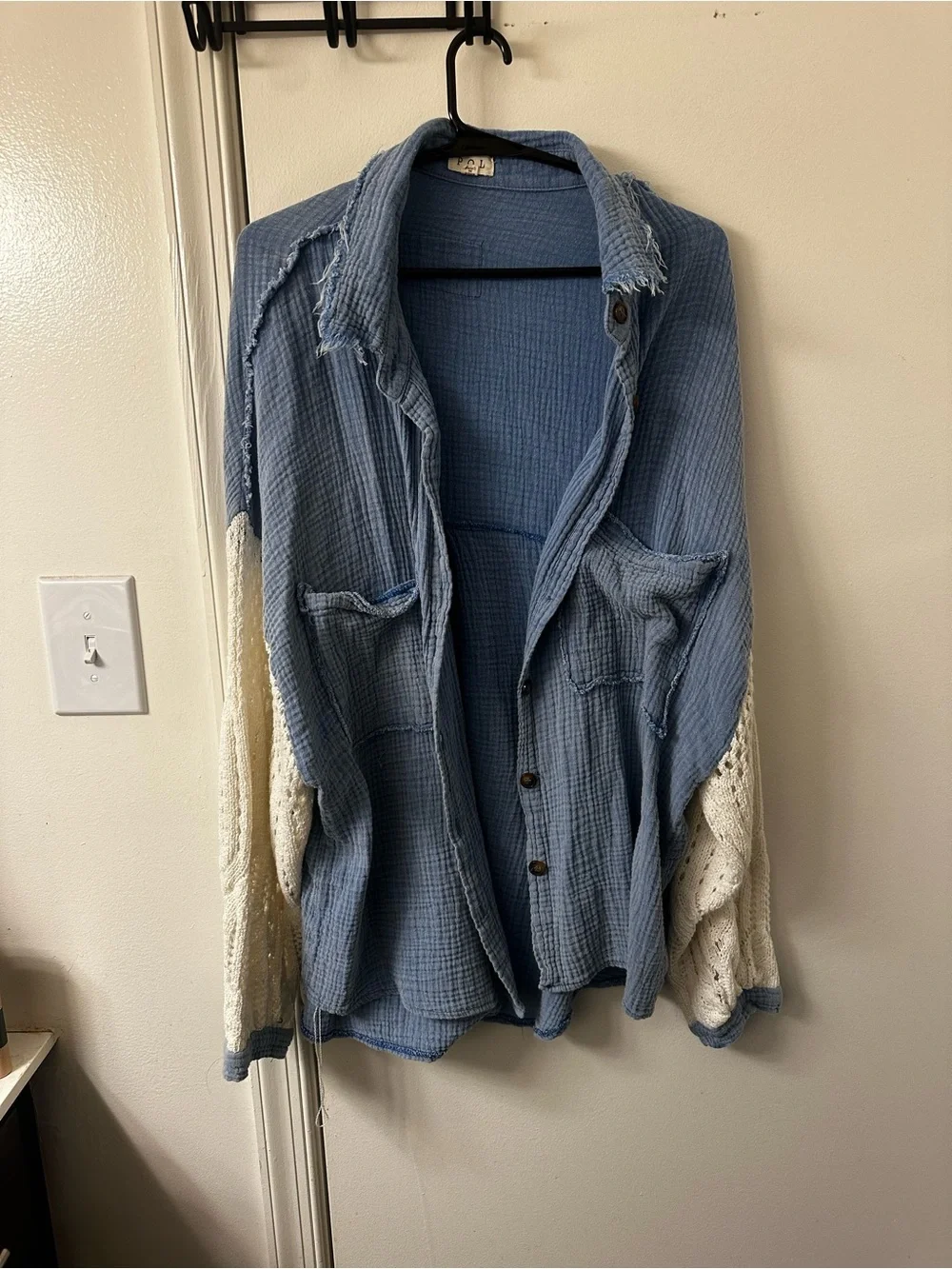 POL Clothing Blue Cotton Gauze Crochet Sleeve Button Up - Picture 7 of 8